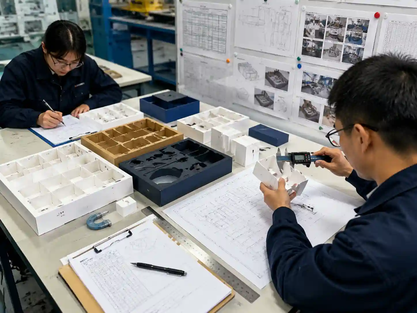 Packaging engineers testing insert prototypes and verifying tooling accuracy with measurements and drawings.