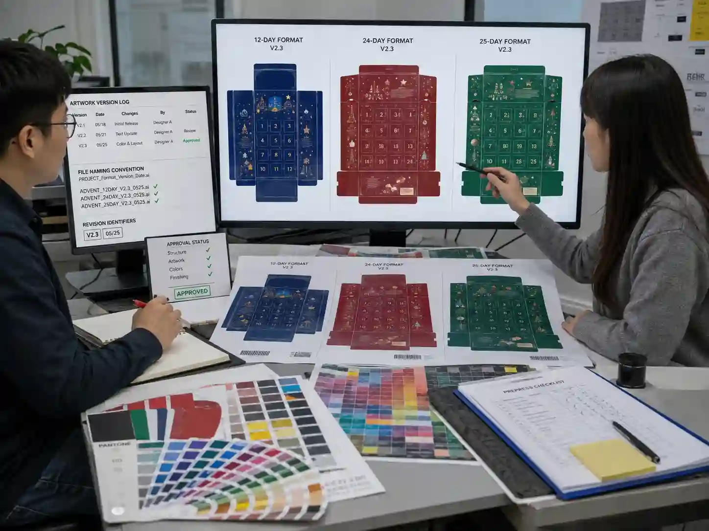 Packaging designers reviewing version-controlled artwork across 12-, 24-, and 25-day advent calendar formats.