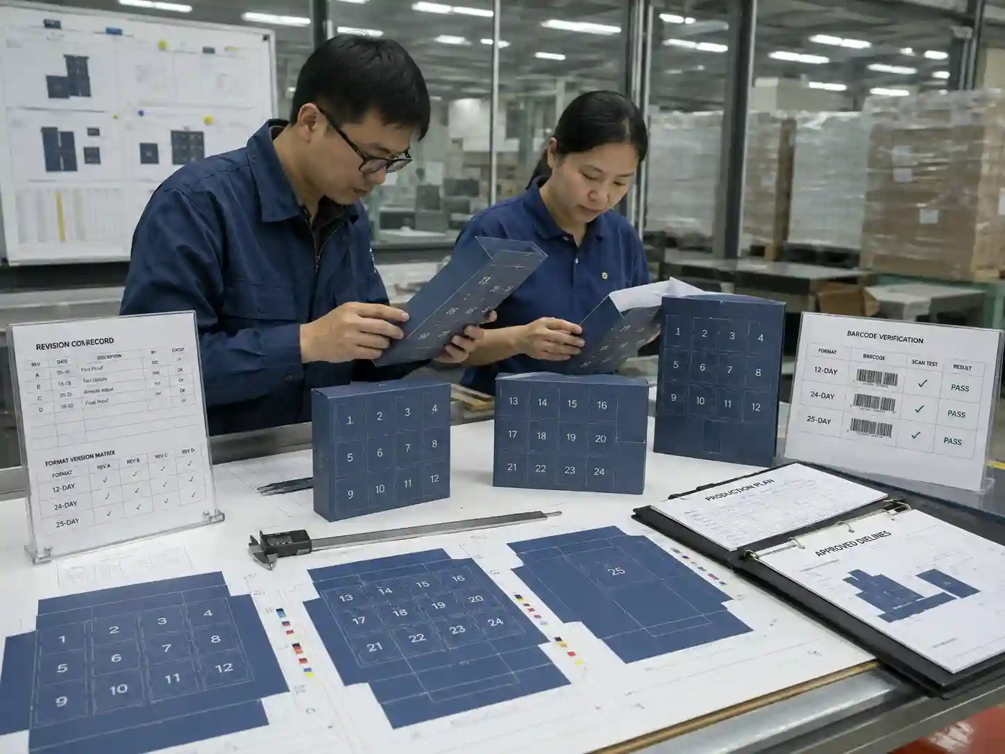 Packaging engineers validating revision-controlled artwork samples for multiple advent calendar formats.