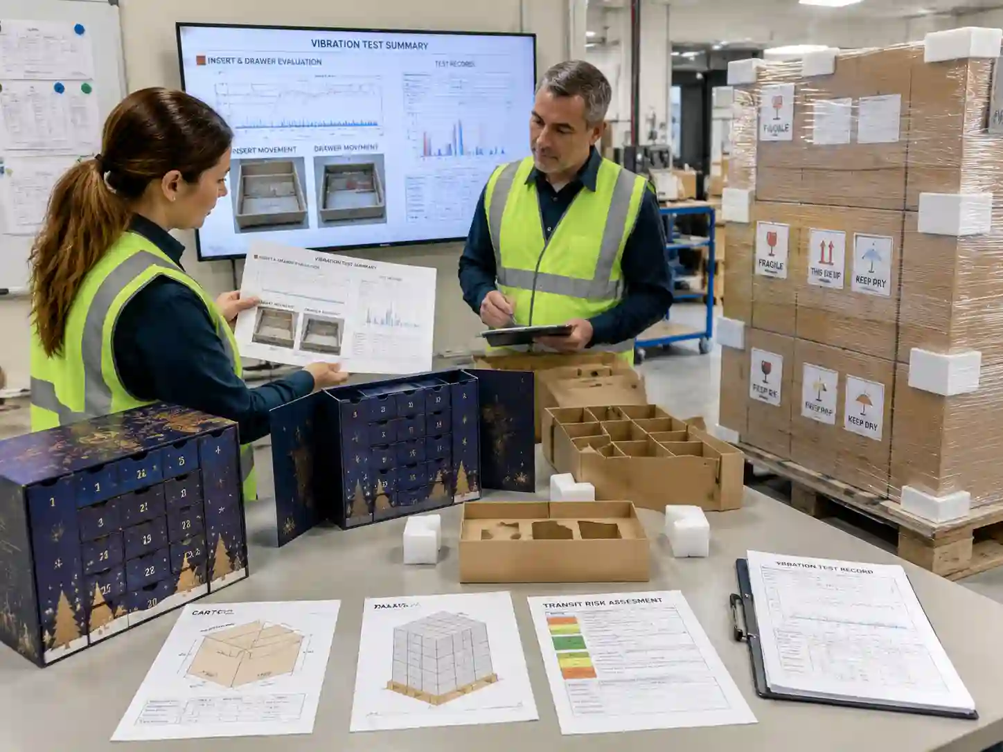 Packaging specialists reviewing vibration test results for advent calendar insert and drawer movement risks before shipment