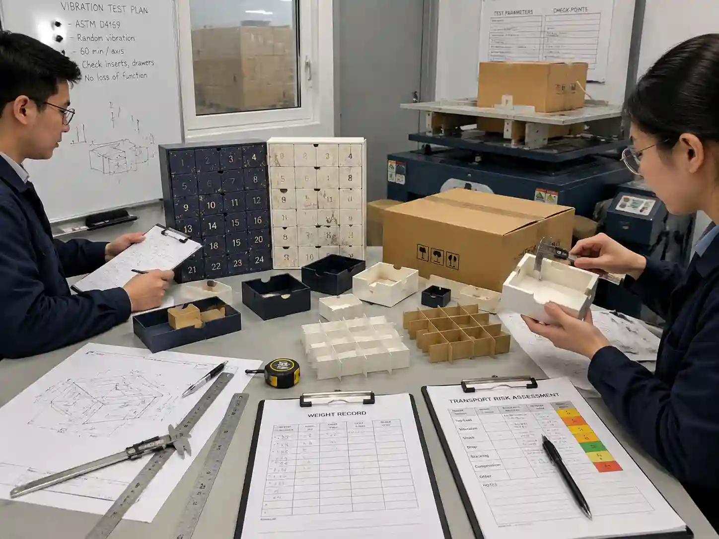 Packaging engineers testing advent calendar drawer and insert stability with vibration test preparation records