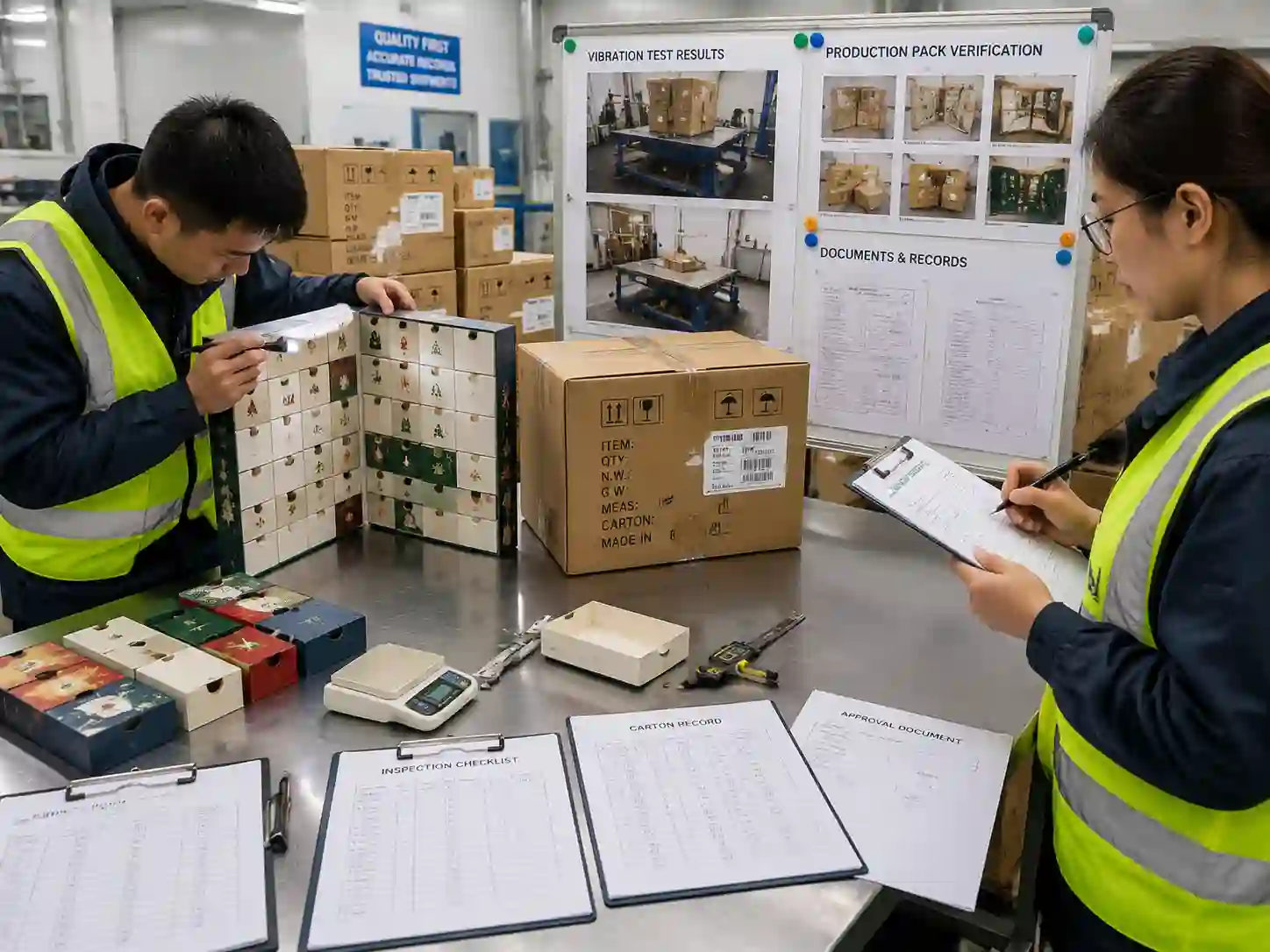 Quality inspection team verifying vibration test records and advent calendar insert drawer packaging conditions