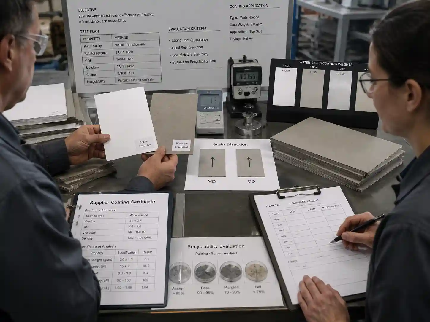 Packaging engineers reviewing water-based coating material evidence, paperboard samples, and recyclability documentation for advent calendar packaging