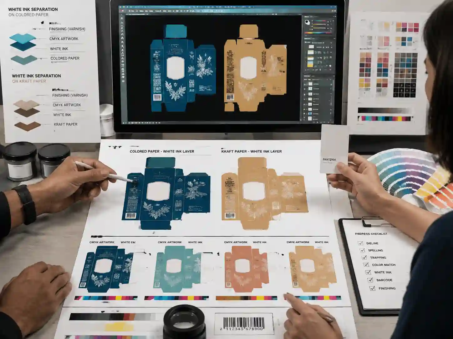 Packaging designers reviewing white ink artwork layers for colored and kraft paper printing with proofs and prepress controls.