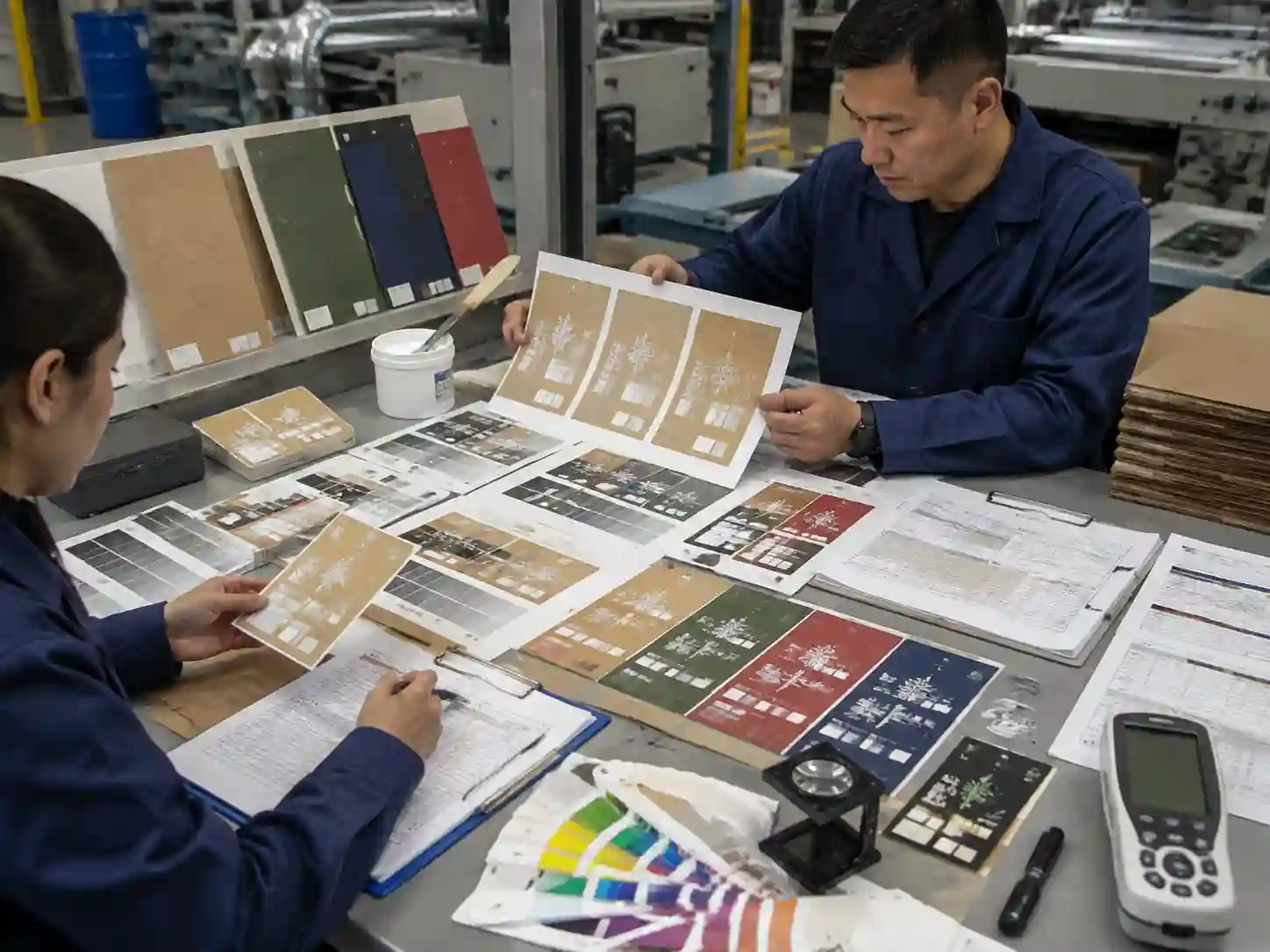 Packaging engineers testing white ink samples on colored and kraft paper during production validation.
