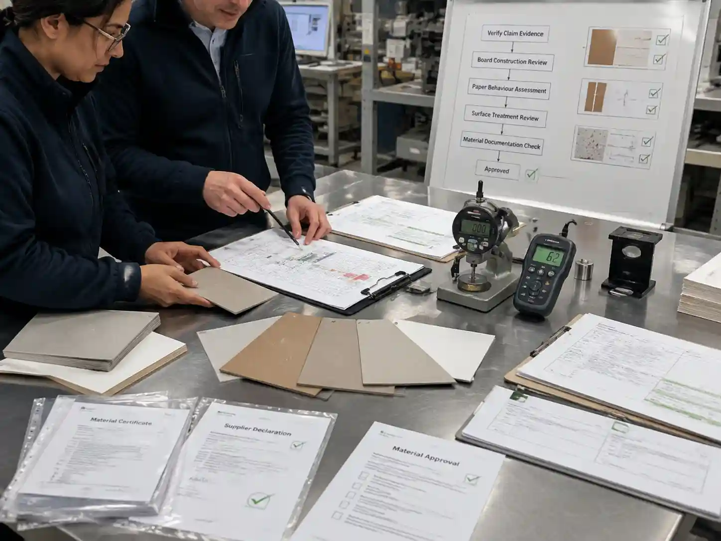Packaging engineers reviewing plastic-free claim evidence with paperboard samples and material documentation for advent calendar packaging