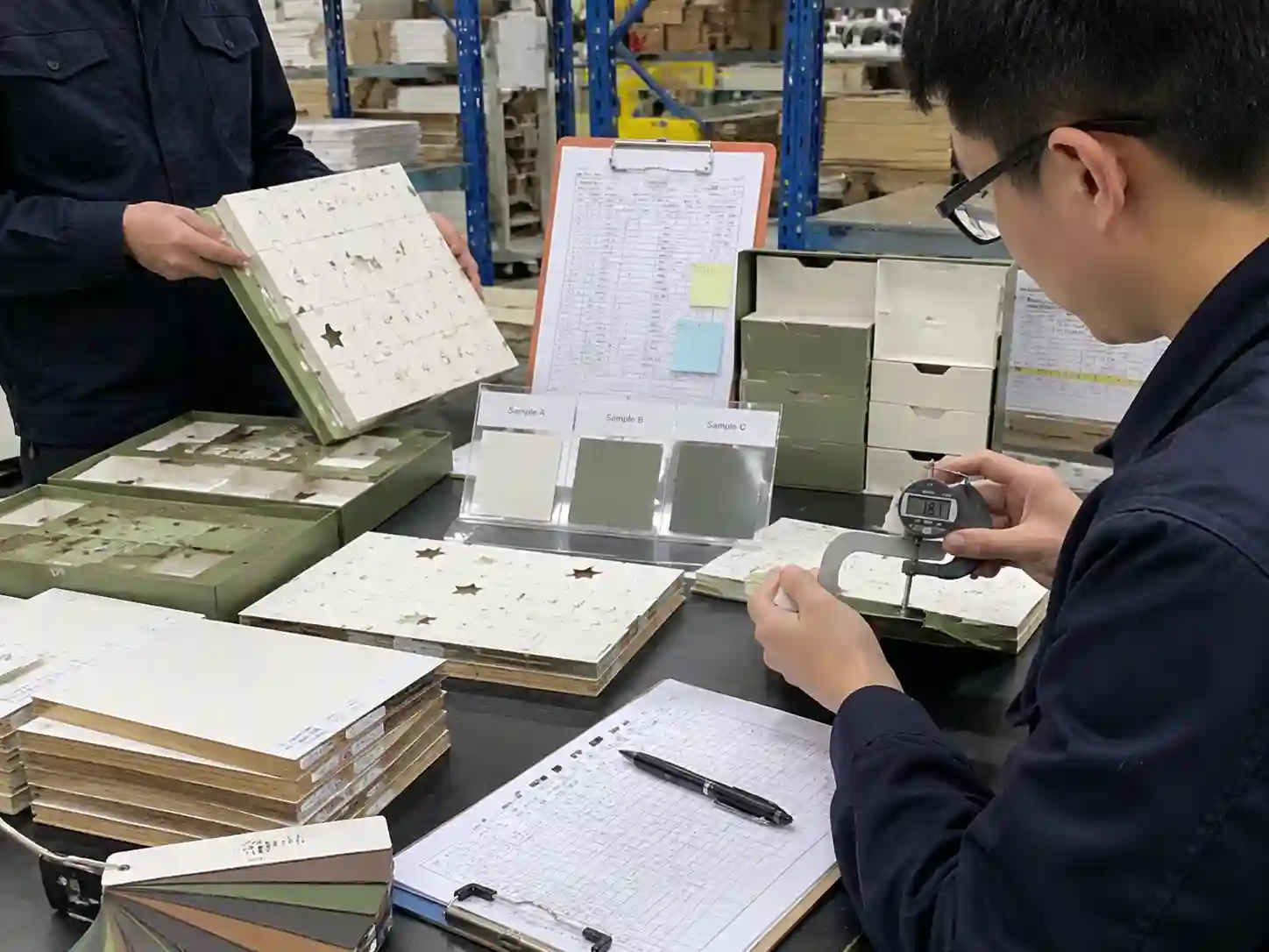 Engineering team testing paper packaging structure and material details for plastic-free claim verification