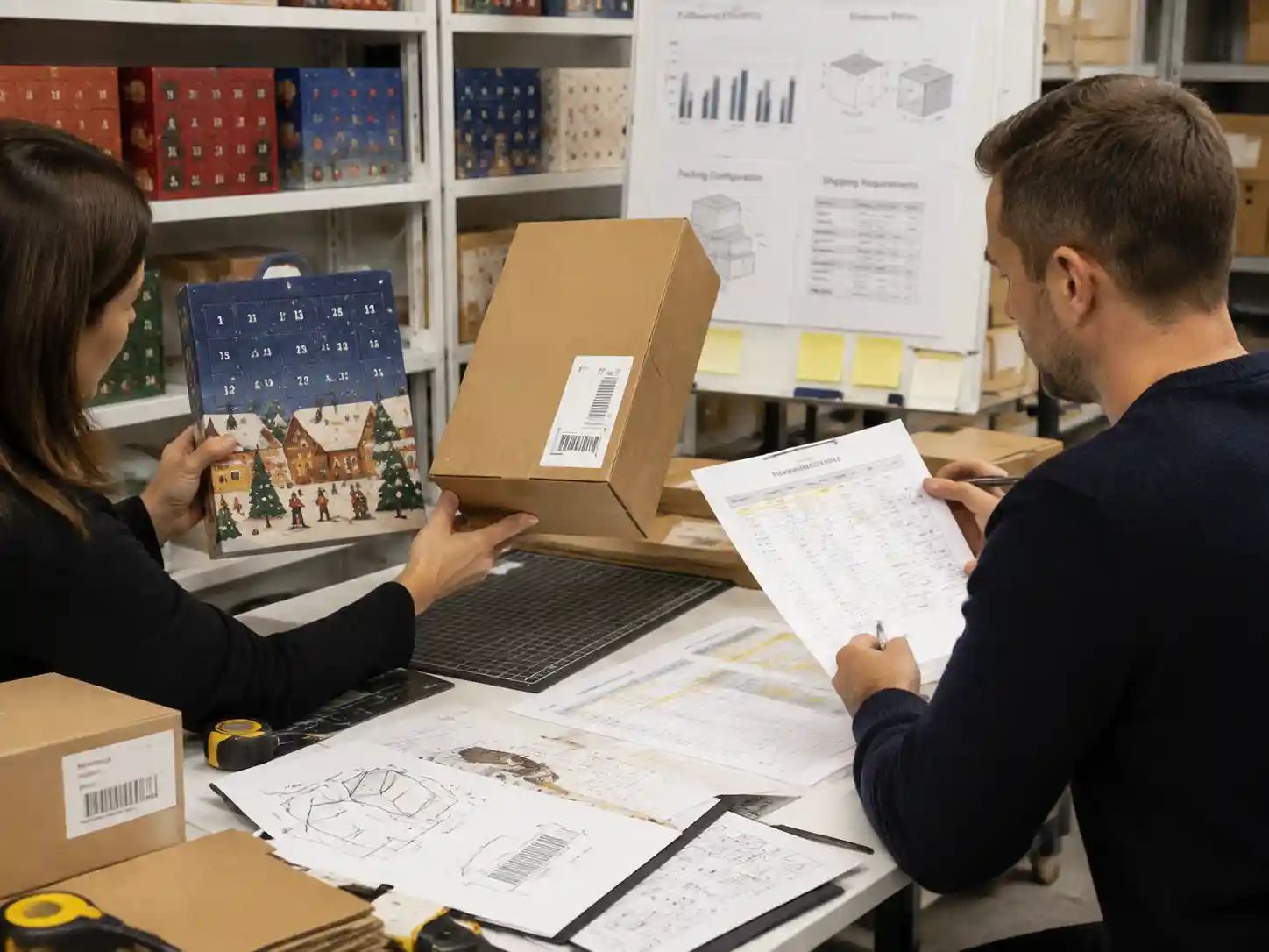 Packaging specialists reviewing advent calendar parcel dimensional limits with carton measurements and fulfillment documents.