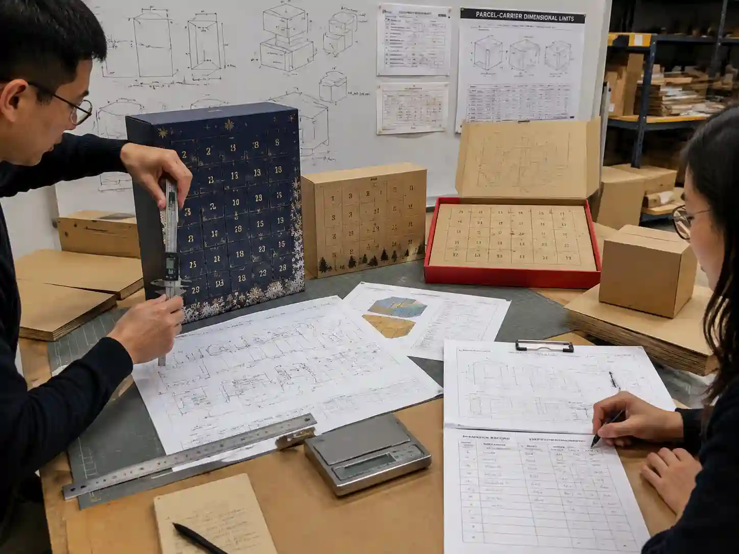 Packaging engineers measuring advent calendar samples for parcel size compliance and shipping efficiency.