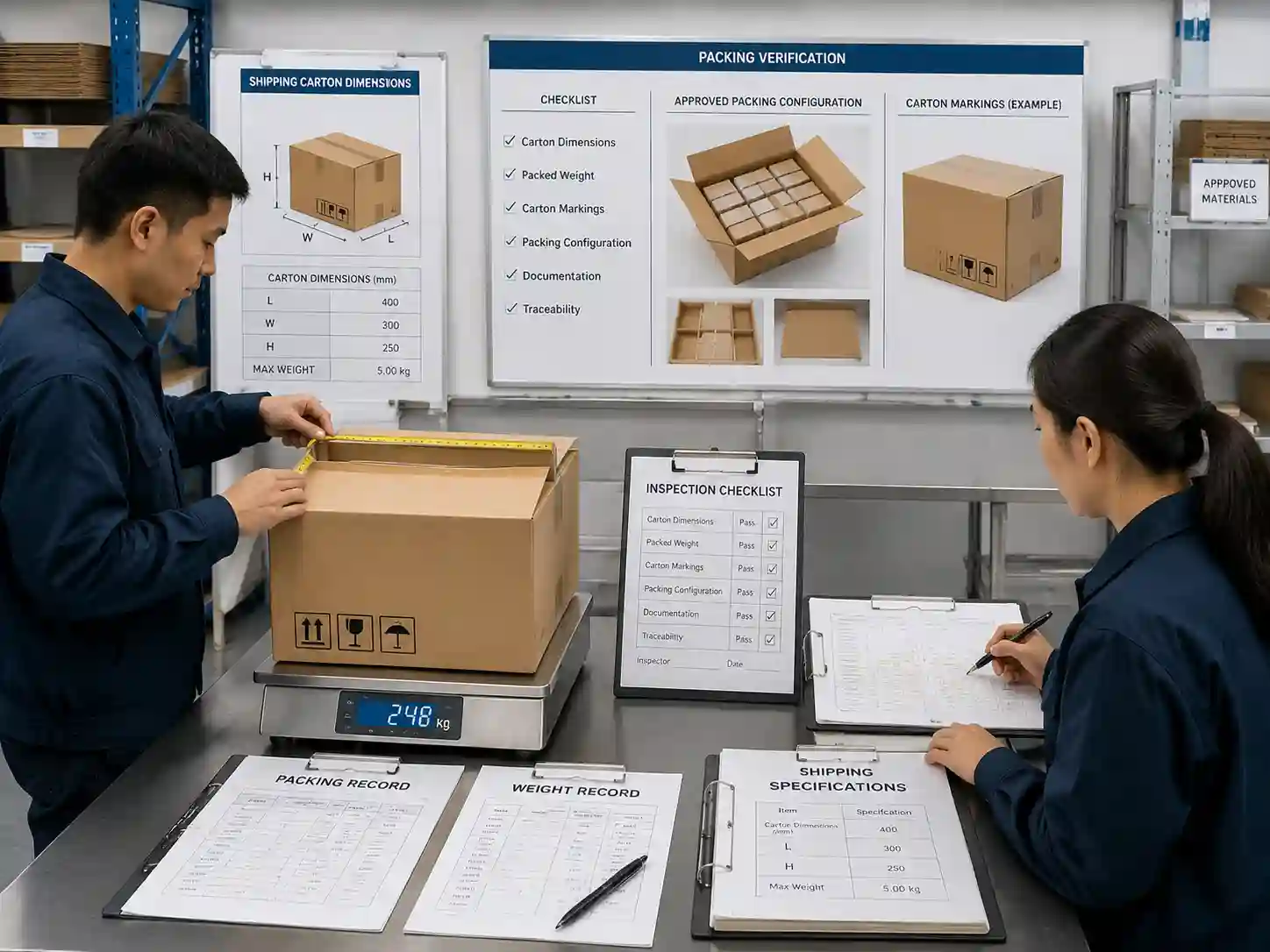 QC inspectors verifying advent calendar parcel packaging dimensions with inspection records and measurements.