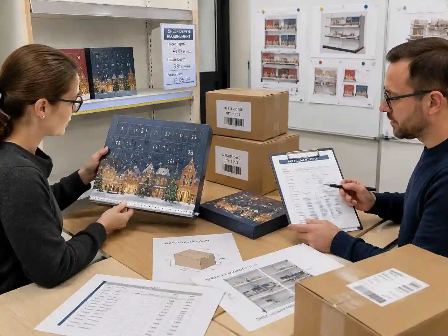 Retail packaging specialists reviewing advent calendar shelf depth requirements with shelf mockups, case packs, and fulfillment documents.