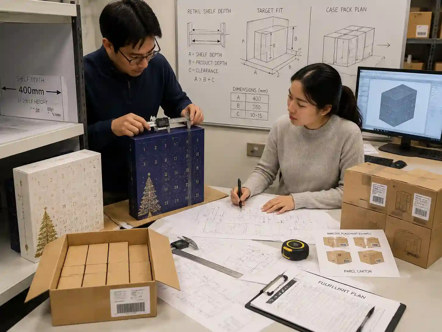 Packaging engineers measuring advent calendar prototypes against retail shelf depth requirements with drawings and samples.