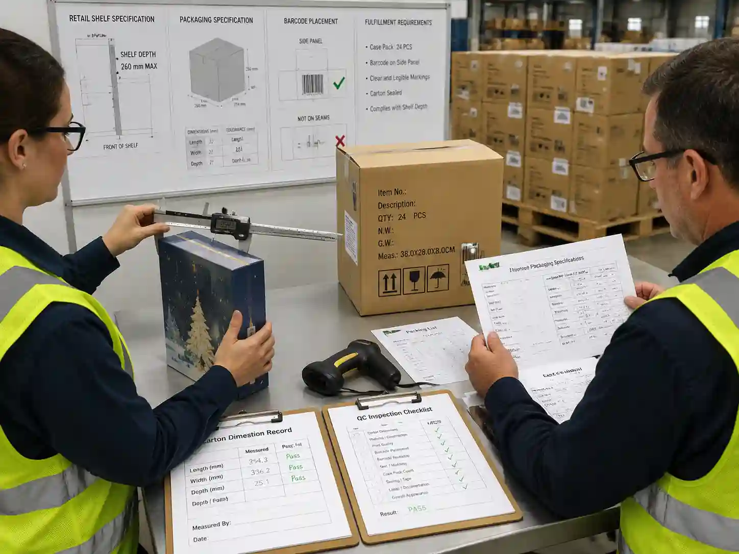 Quality inspectors verifying advent calendar package dimensions, labels, and fulfillment records for retail shelf compliance.