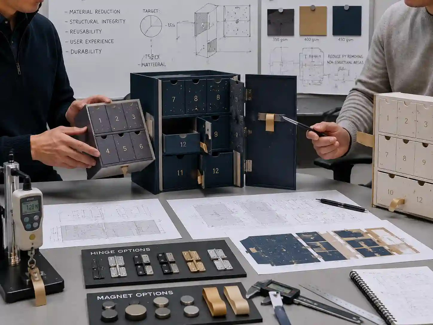 Engineers reviewing reusable advent calendar structure design with drawers, doors, hinges, magnets, and material optimization drawings.