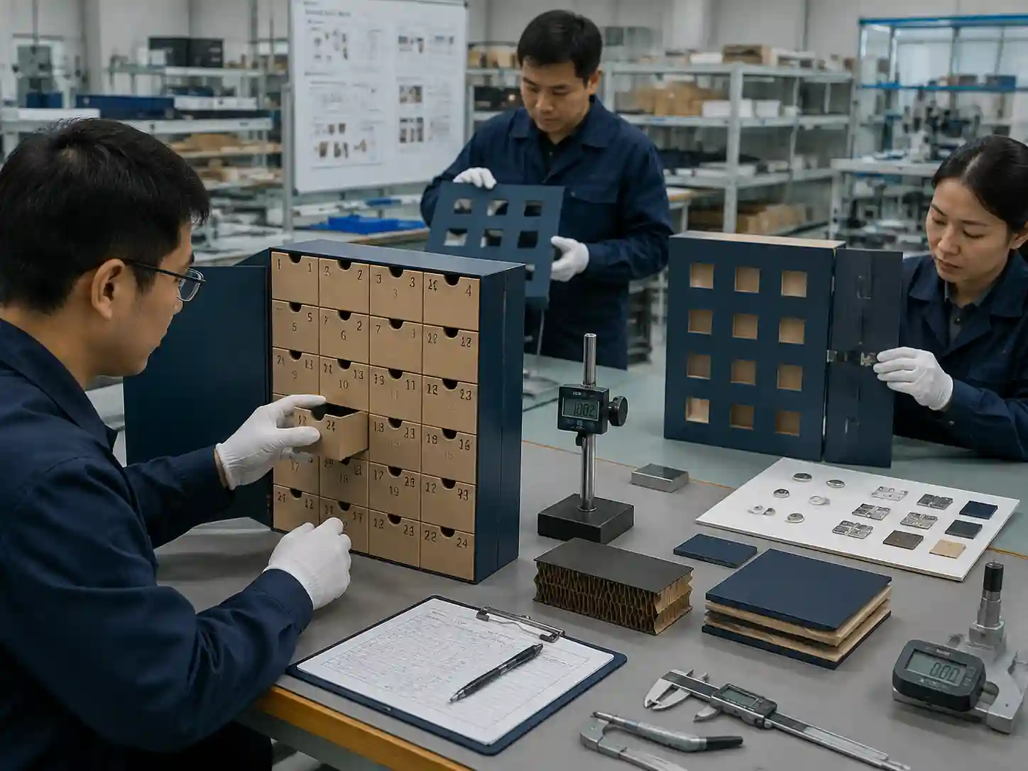 Technicians testing reusable advent calendar prototypes for drawer movement, hinge durability, and structural performance.