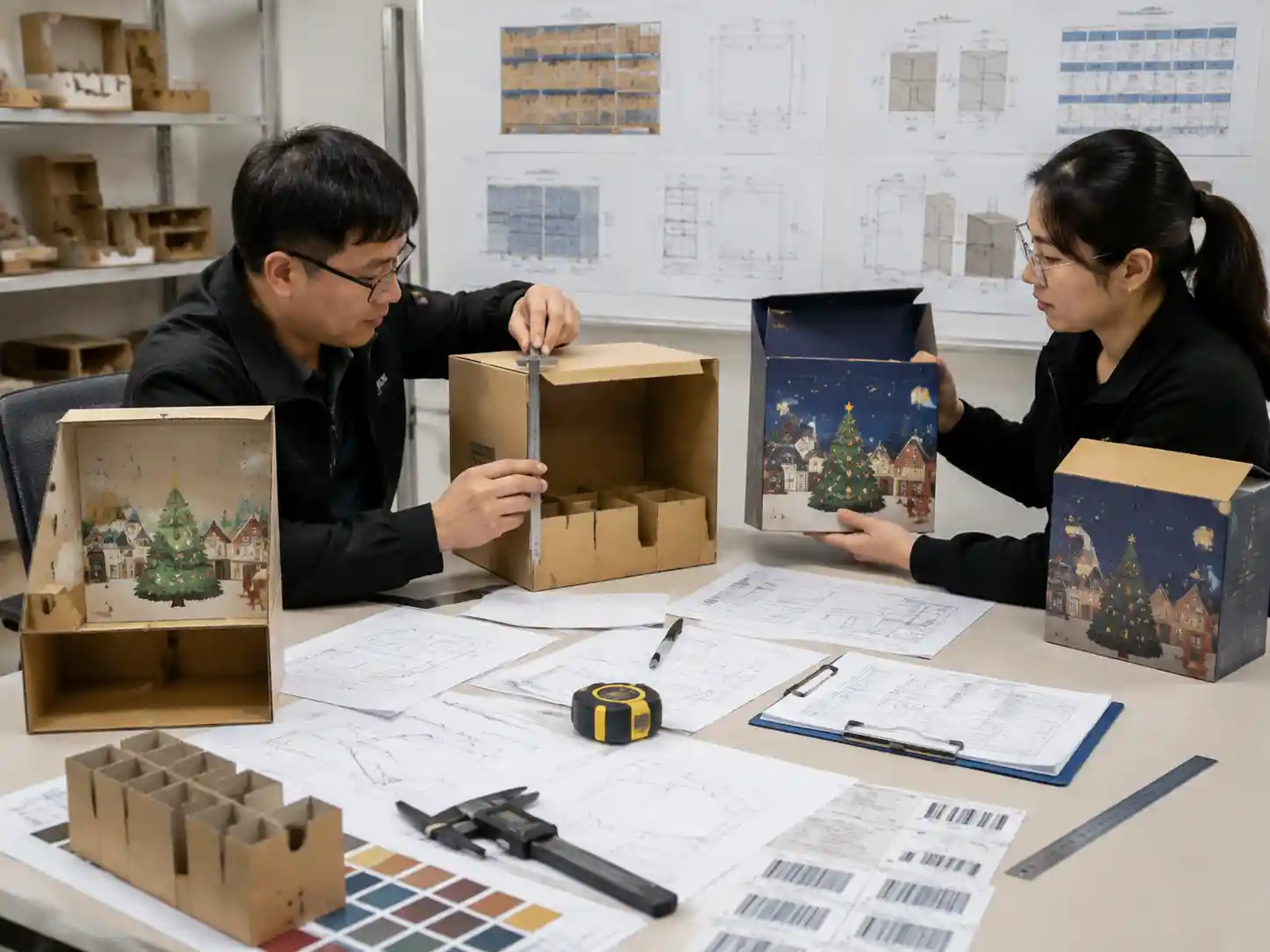 Packaging engineers testing shelf-ready case prototypes for advent calendar boxes with measurements and technical drawings.