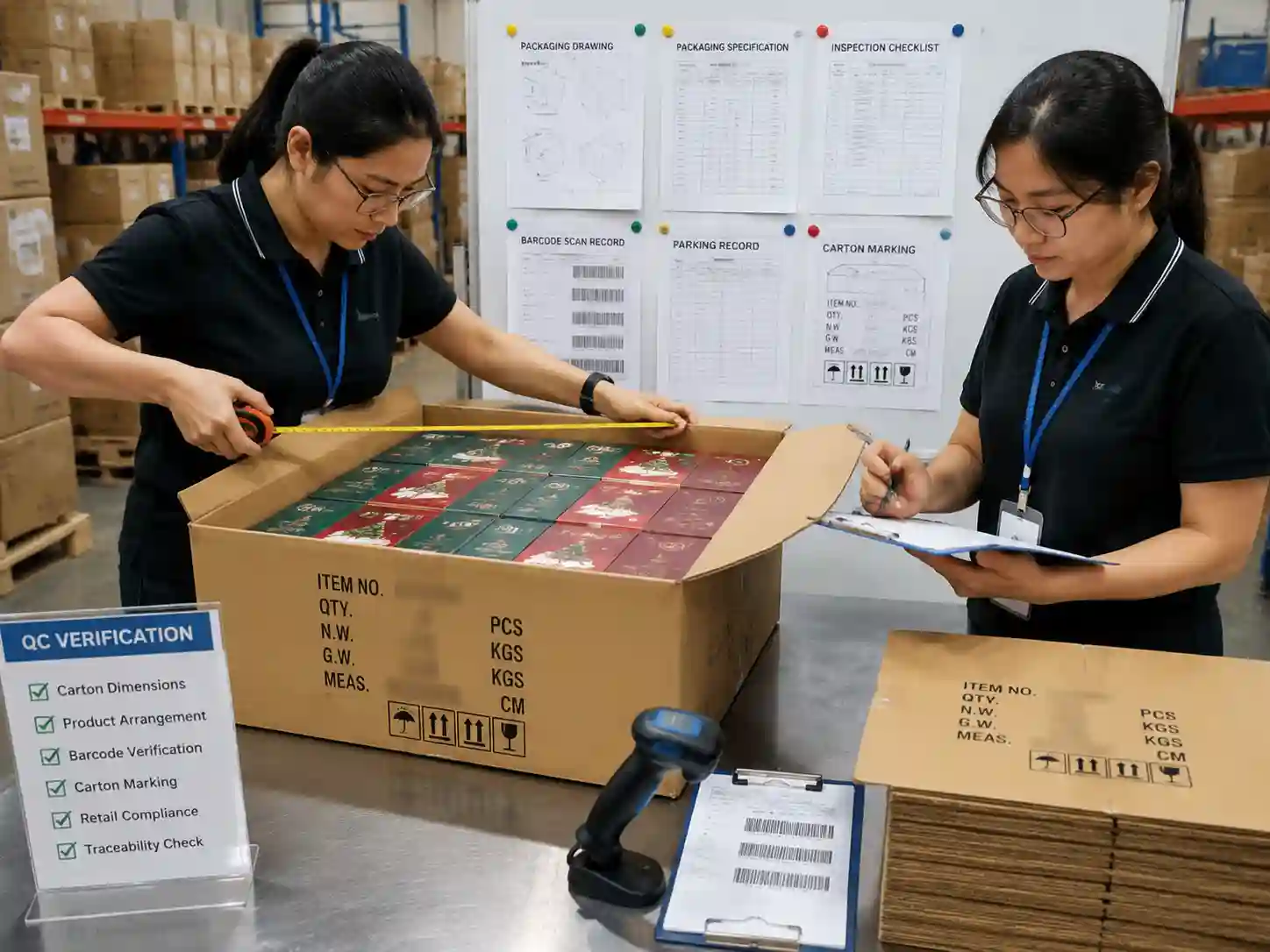Quality inspectors verifying shelf-ready advent calendar cases using measurements, checklists and packaging records.