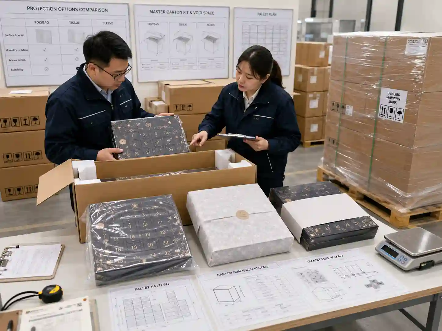 Packaging specialists compare polybag, tissue, and sleeve protection for advent calendars before export carton packing.
