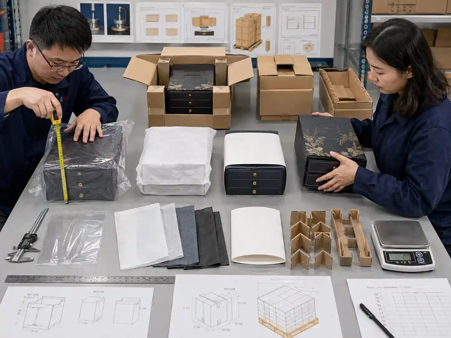 Packaging engineers test polybag, tissue, and protective sleeve options for advent calendar export packing.