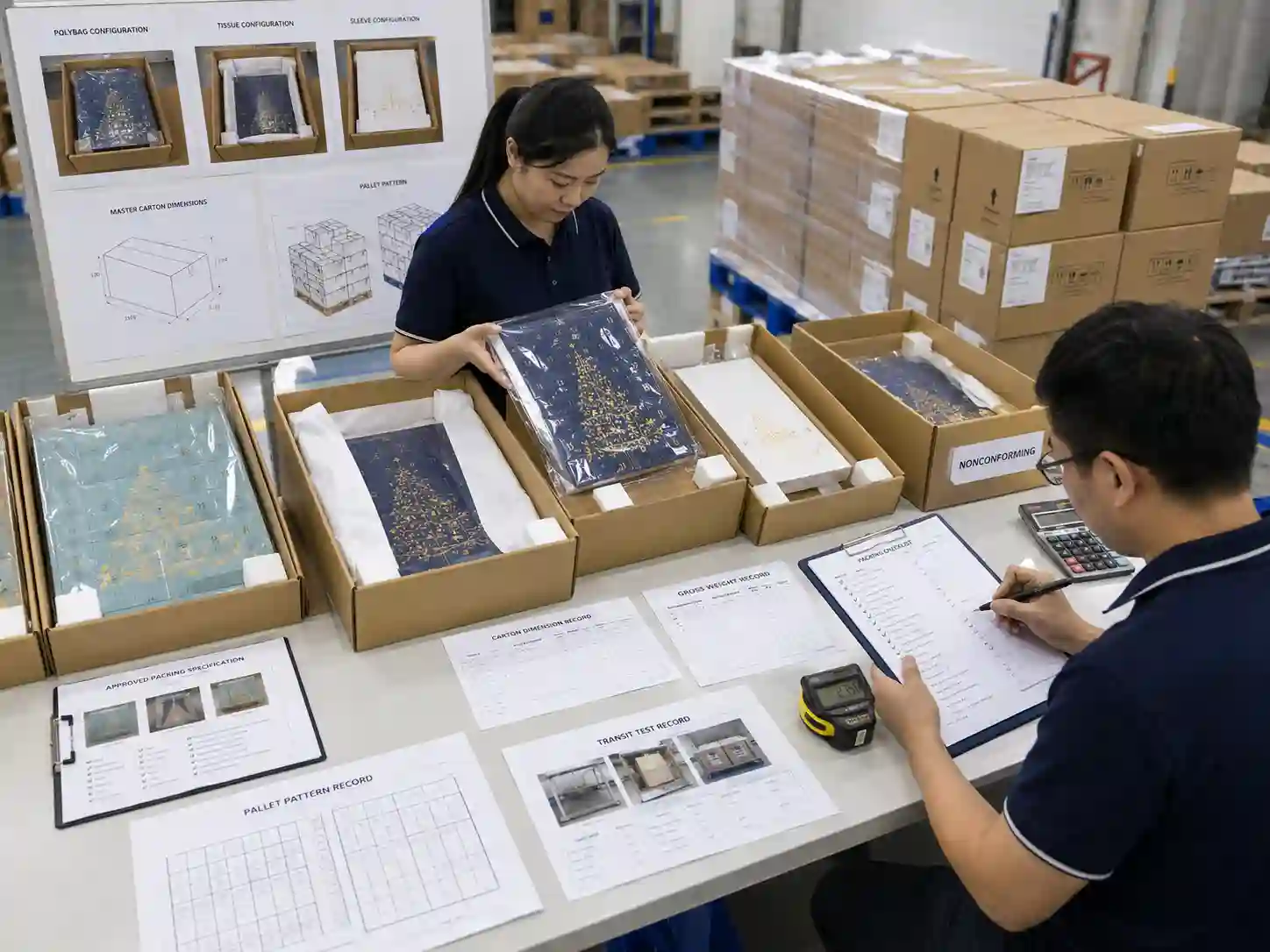 QC staff verify approved polybag, tissue, and sleeve packing methods for advent calendars before export shipment.