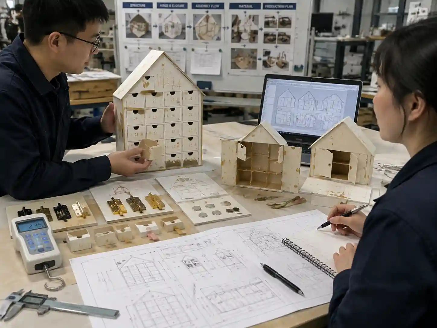 Engineers reviewing house-shaped advent calendar structural drawings, drawers, doors, hinges, magnets, and production design samples.