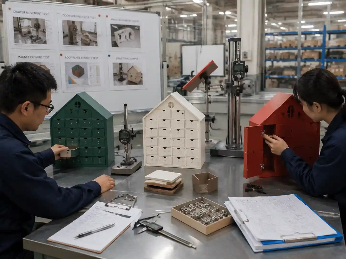 Technicians testing house-shaped advent calendar prototypes for drawer movement, door alignment, and structural stability.