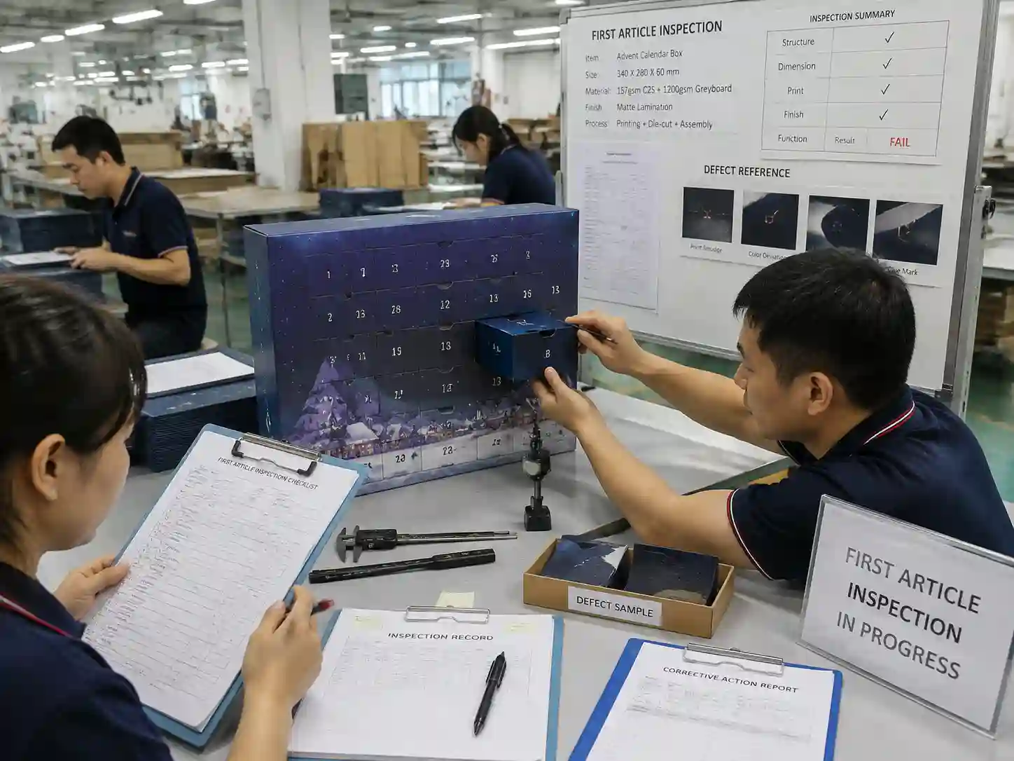 Quality inspectors reviewing first article inspection results for an advent calendar box at a packaging QC station