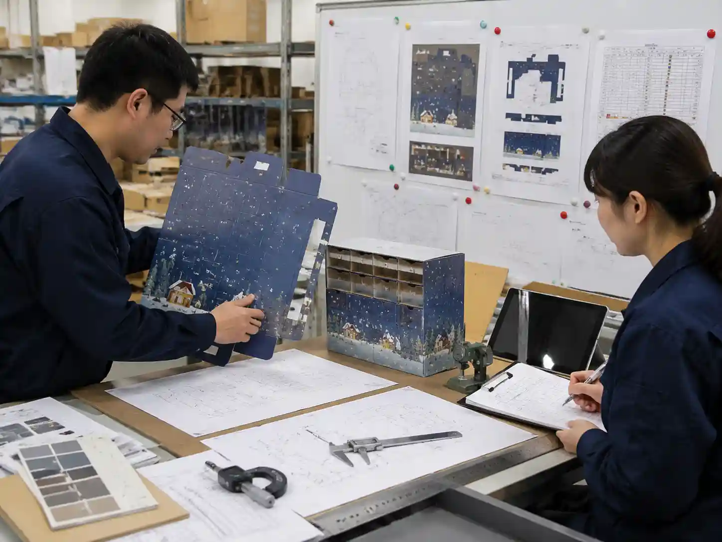 Packaging engineers preparing first article verification with drawings, samples, and measurement tools