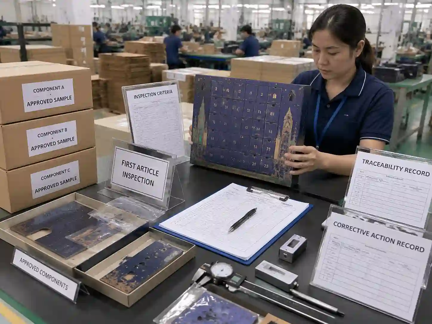 QC staff verifying approved advent calendar box samples with inspection records and traceability documents