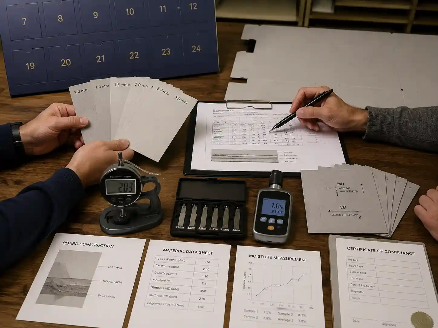 Packaging engineers reviewing greyboard thickness samples and material measurements for large advent calendar panels