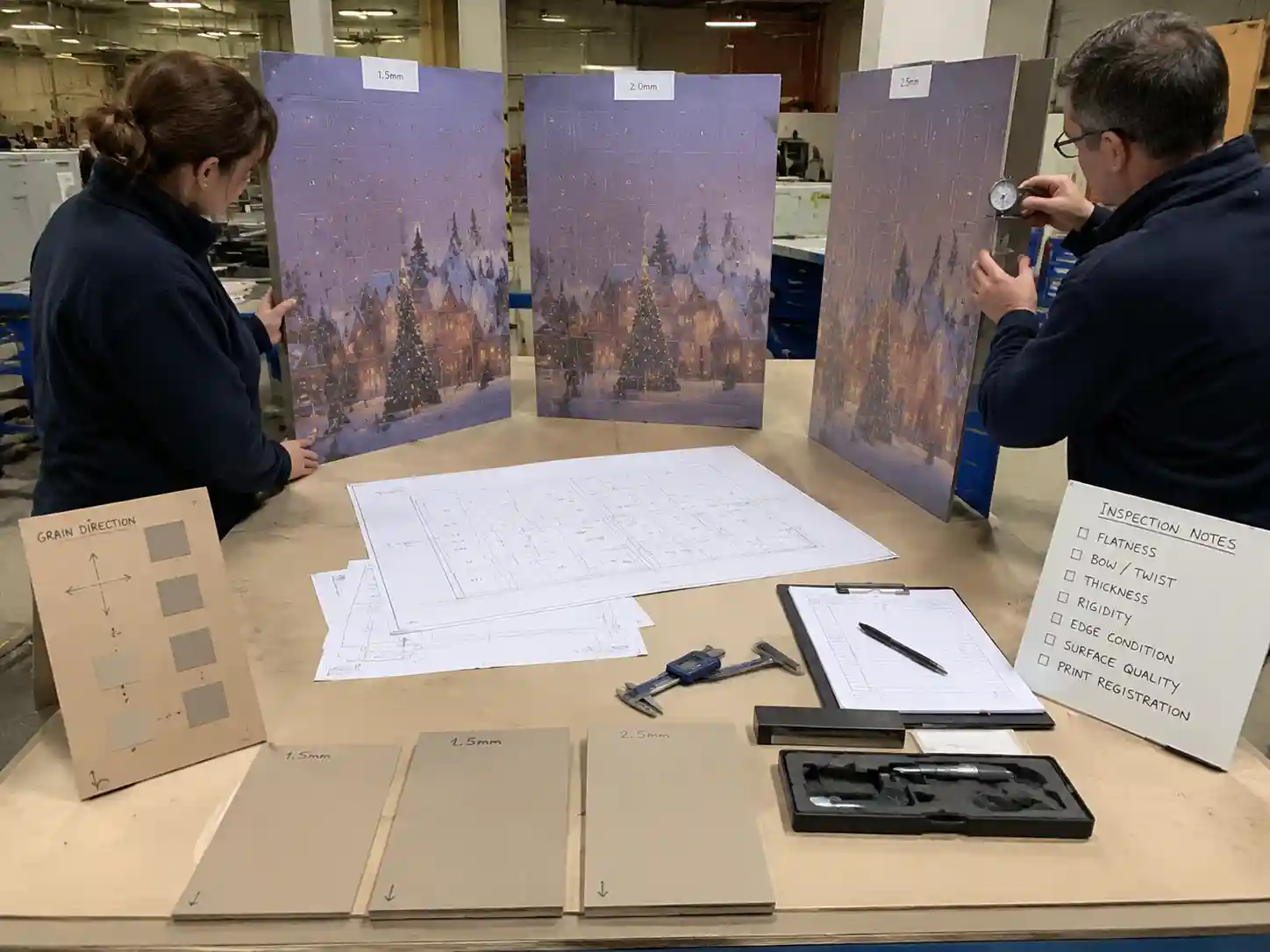 Factory engineering team testing large advent calendar panel prototypes with different greyboard thickness options