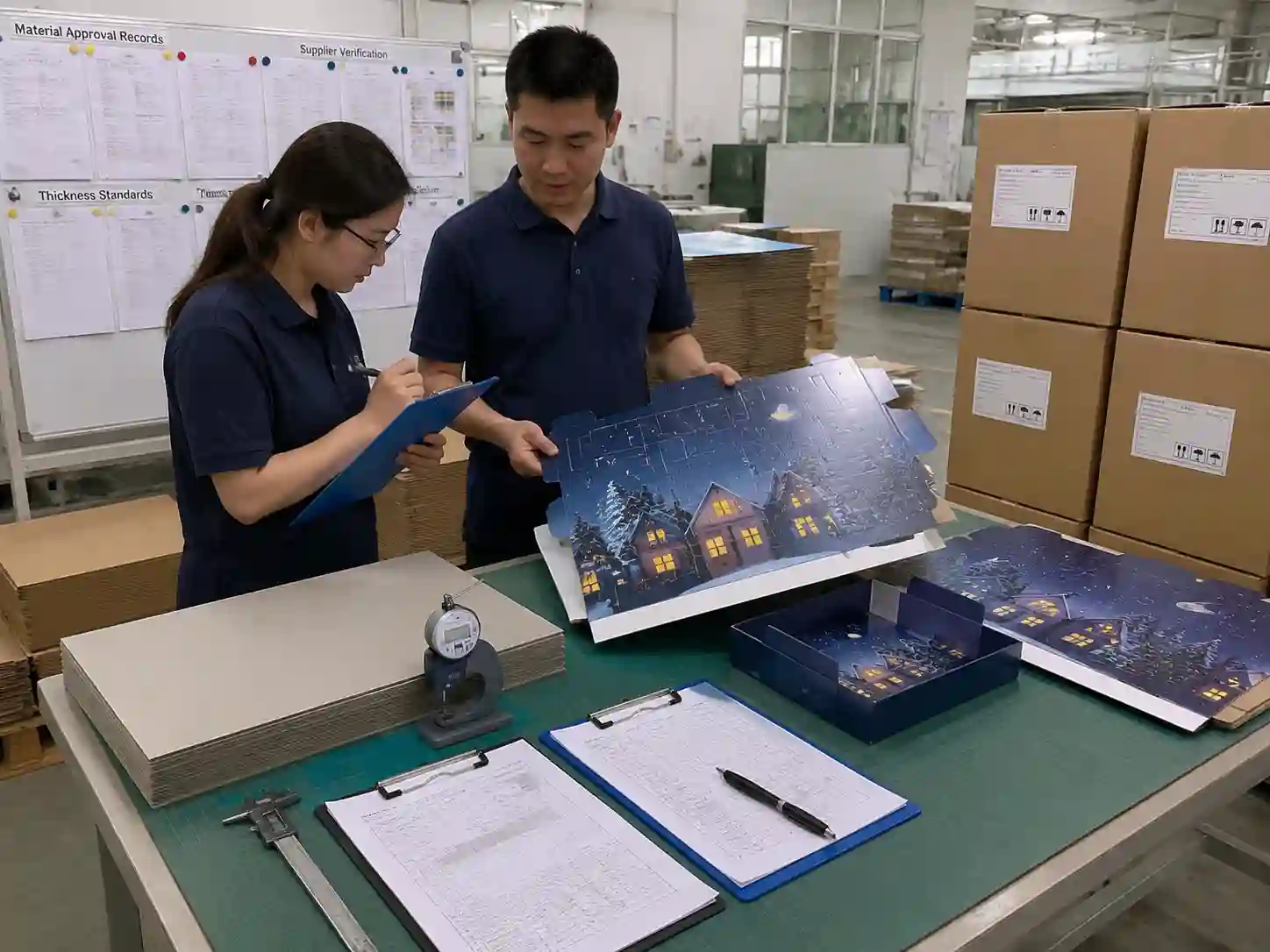 QC staff verifying greyboard thickness records and approved large advent calendar panel samples