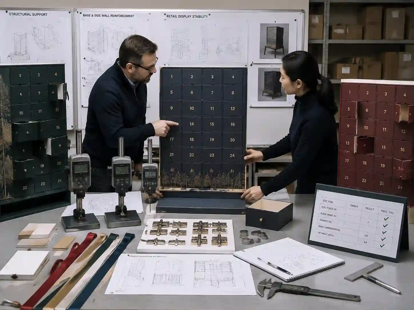 Engineers reviewing large advent calendar structural stability with drawers, doors, hinges, magnets, and measurement tools.