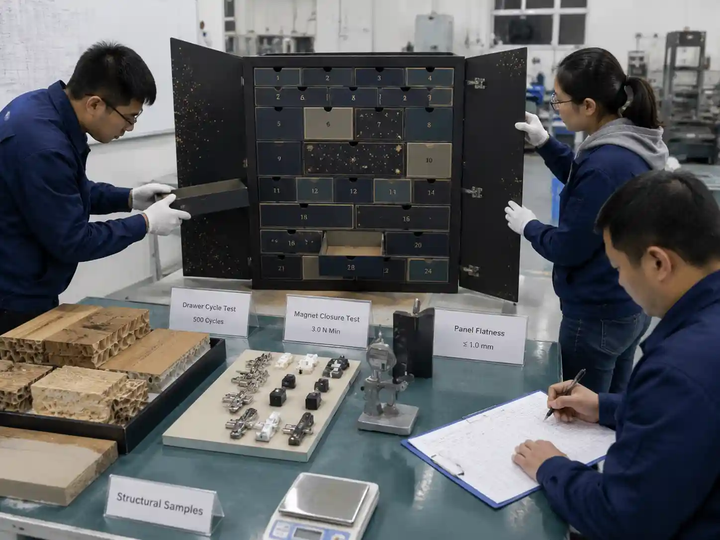 Technicians validating large advent calendar prototypes through movement tests and structural measurements.