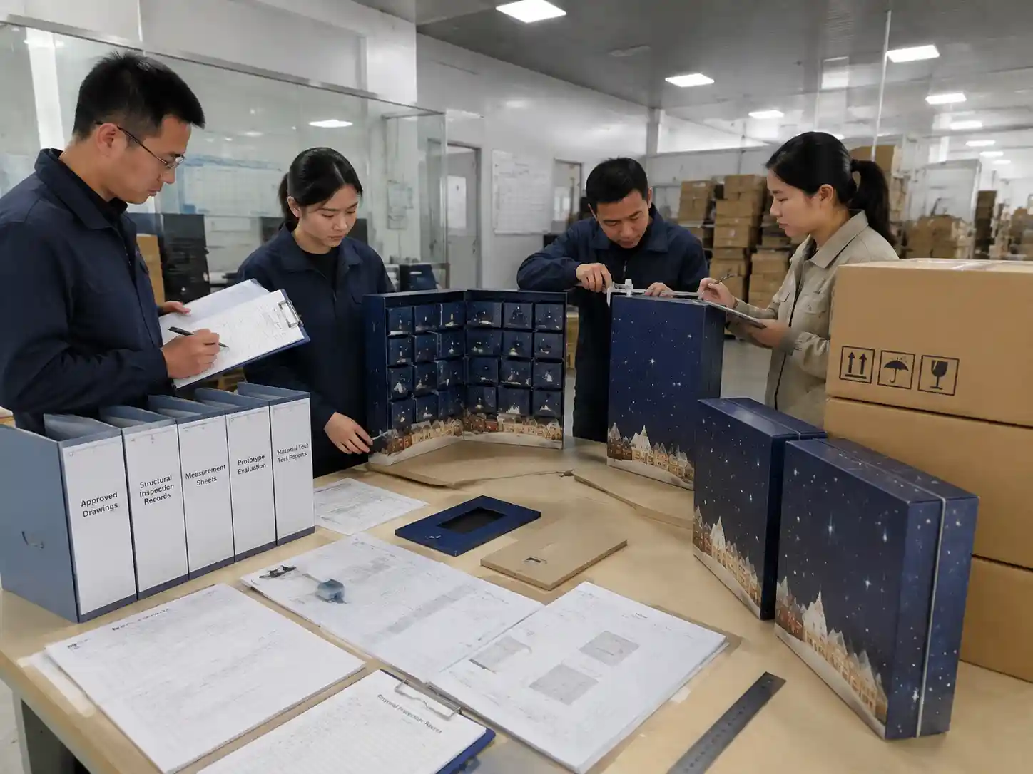 Quality control staff verifying large advent calendar stability with inspection records and structural measurements.
