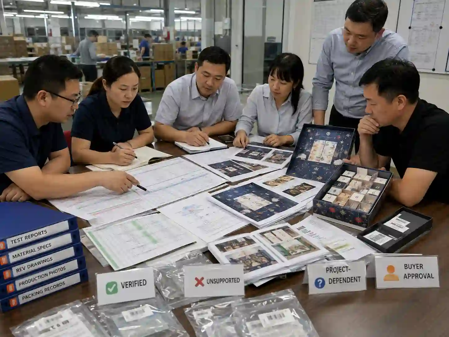 Buyers reviewing test reports, material specifications, traceability records and production evidence for a credible advent calendar packaging case study.