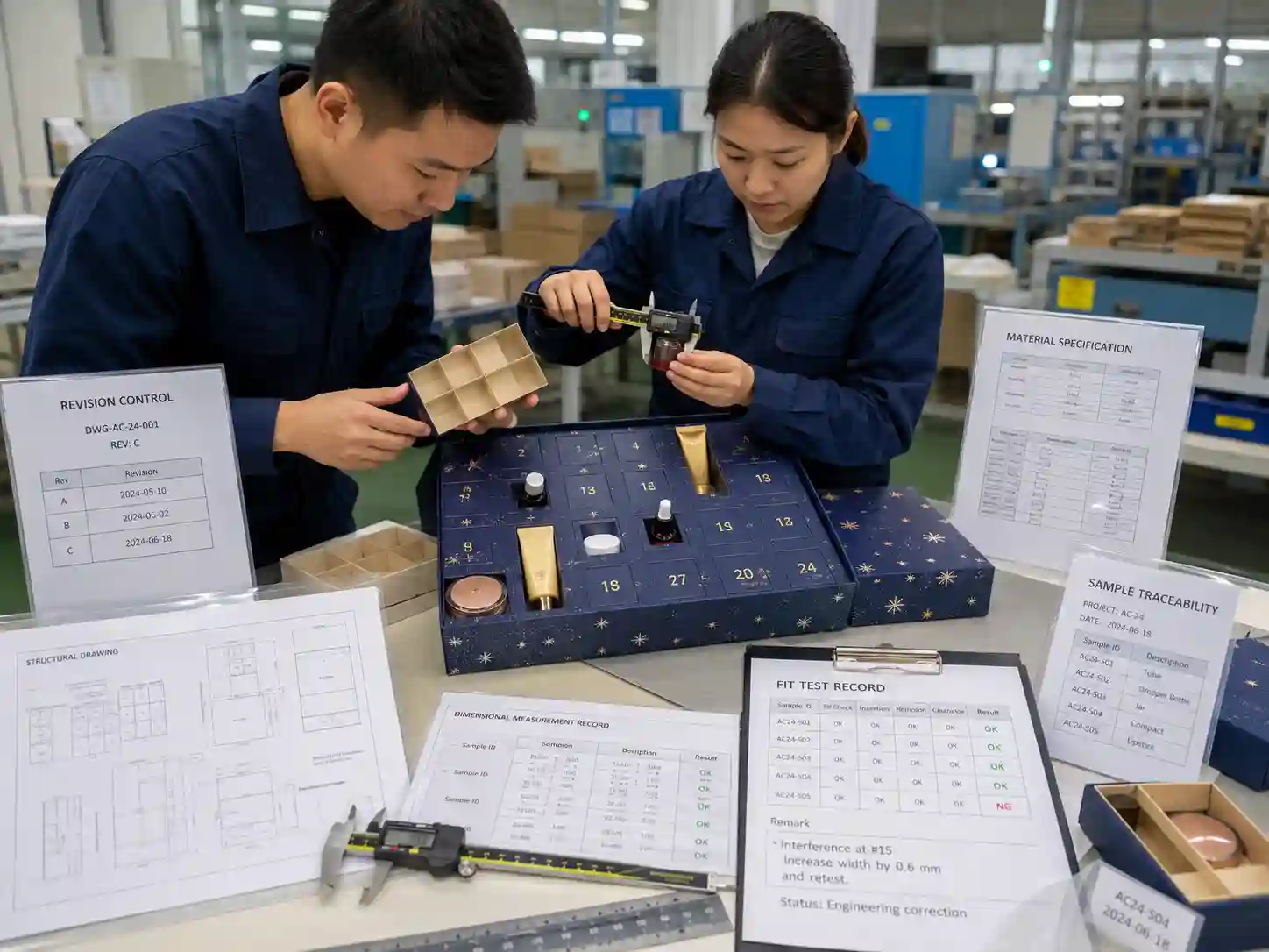 Packaging engineers linking advent calendar samples, controlled drawings, measurements and fit-test records to traceable case-study evidence.