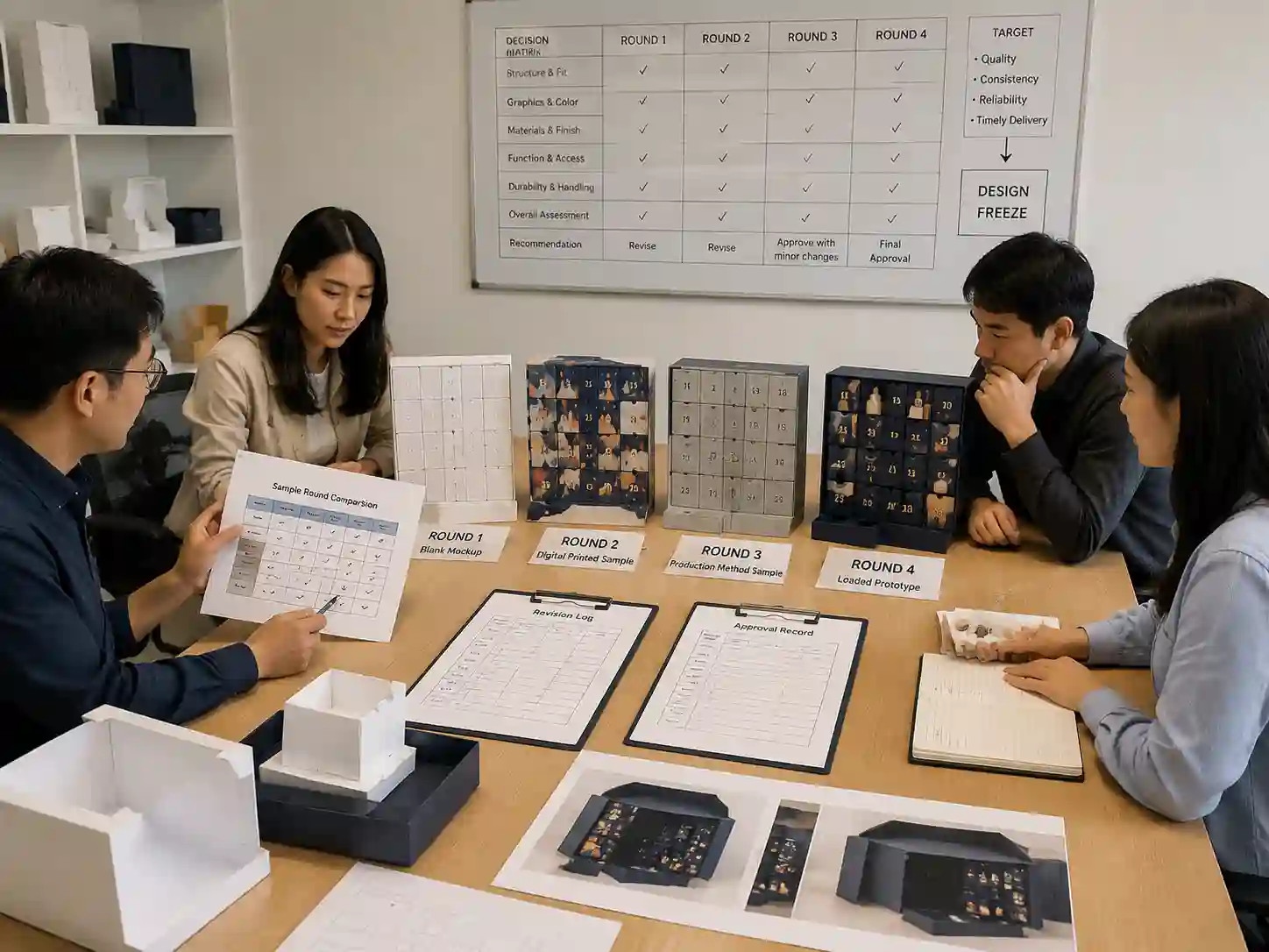 Packaging teams reviewing advent calendar sample rounds, revisions, and approval records.