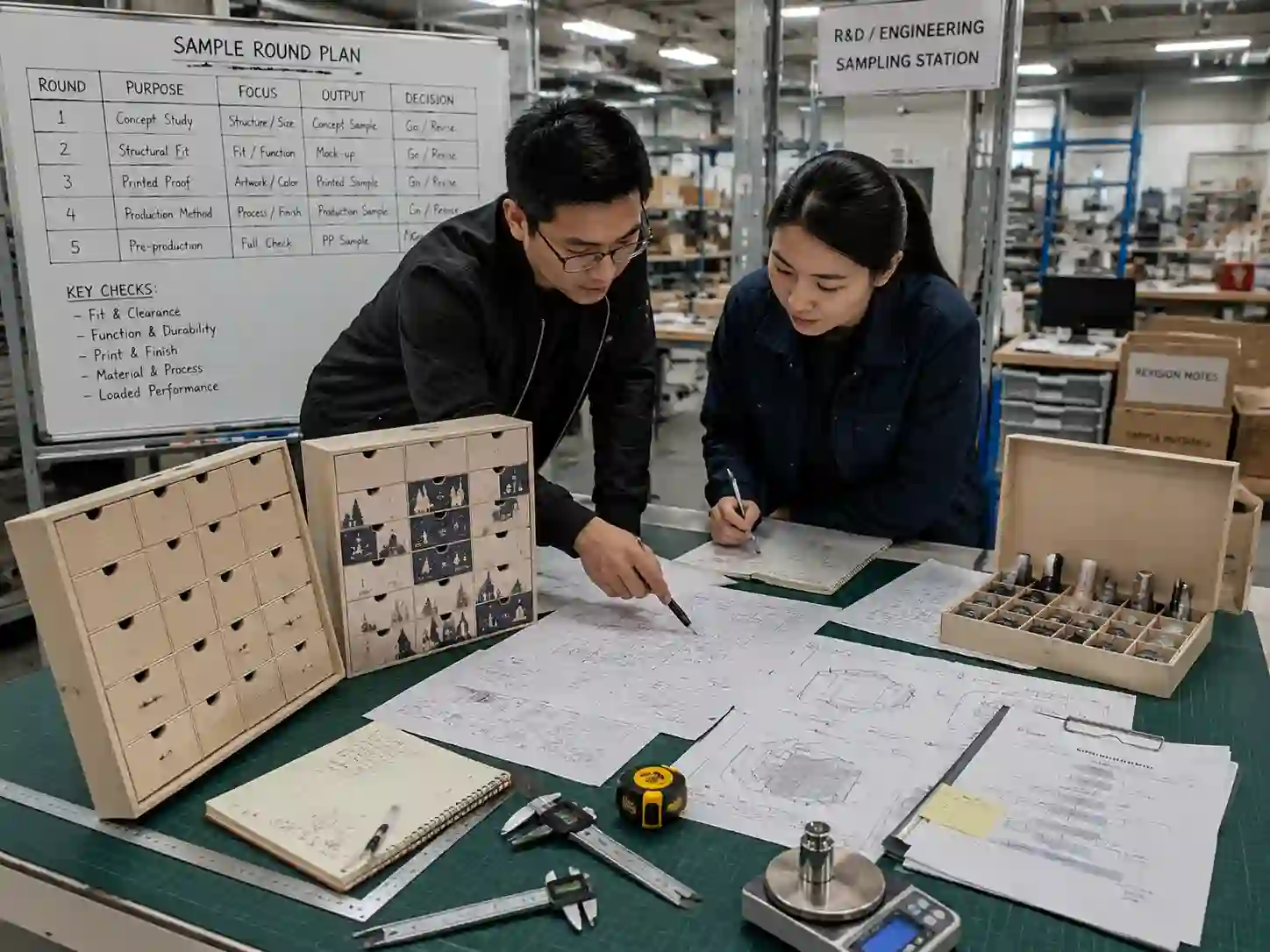 Packaging engineers planning complex advent calendar sample development stages.