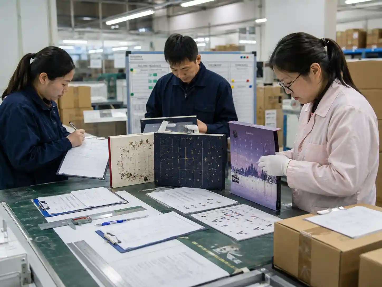 QC team verifying approved advent calendar samples with documentation and measurements.