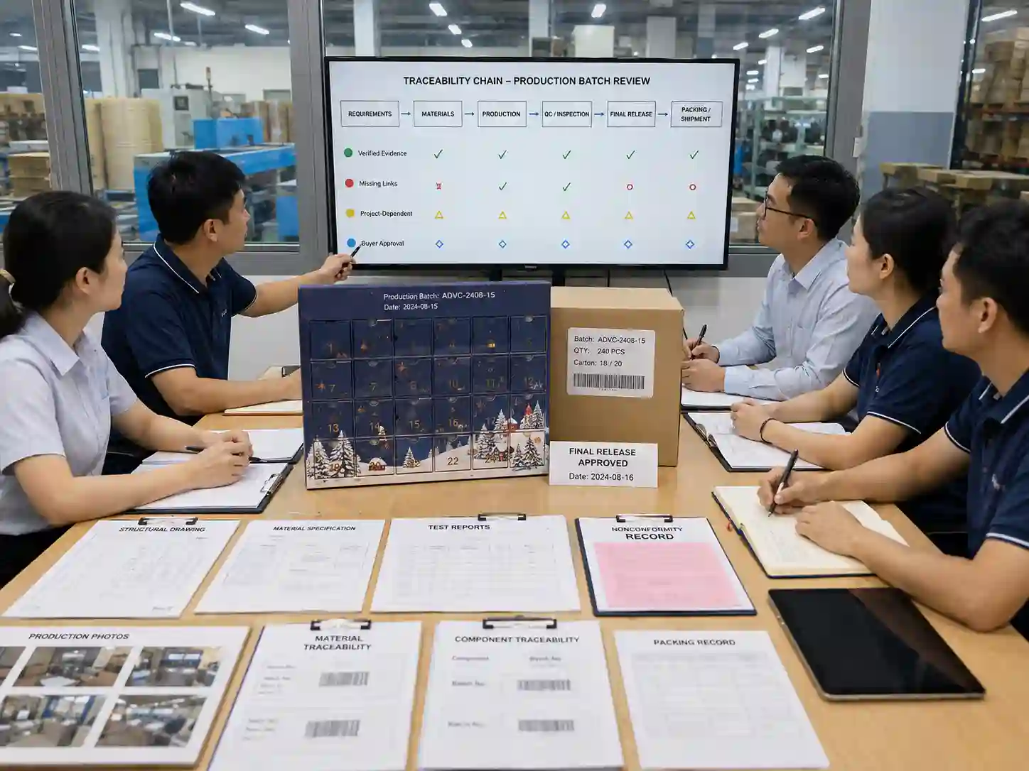 Buyers reviewing multi-component packaging traceability records linking specifications, production, QC and packing.