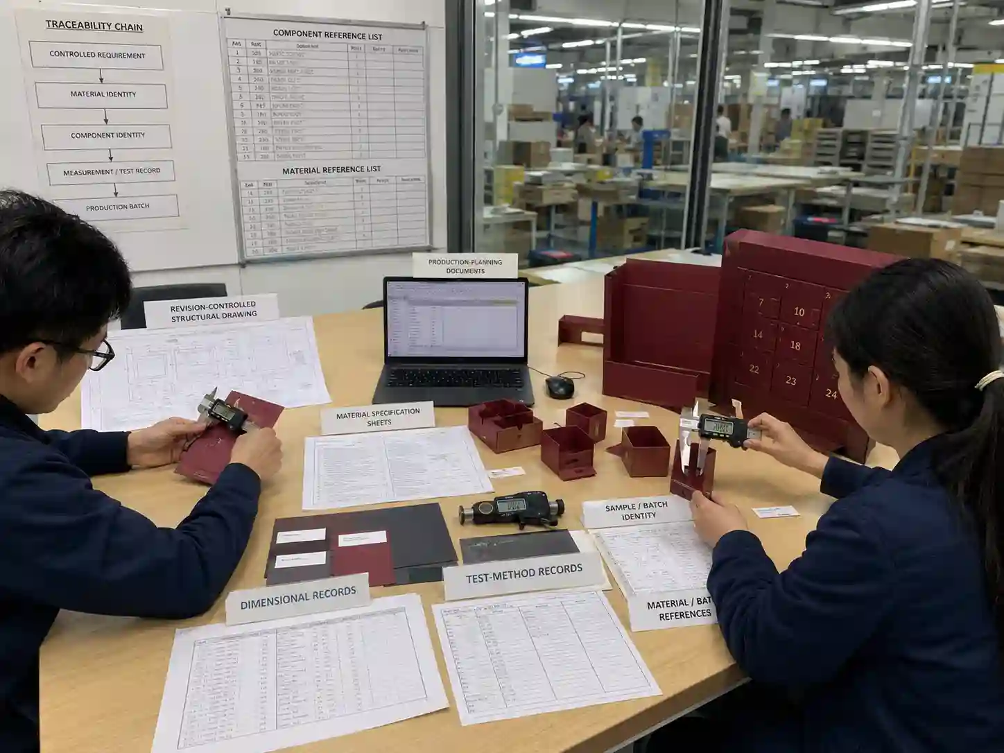 Packaging engineers linking material, component, drawing and measurement records for production traceability.