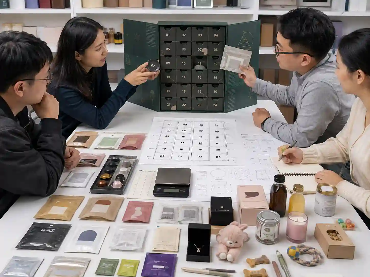 Packaging specialists review coffee pod and drip bag compartment fit for an advent calendar insert.