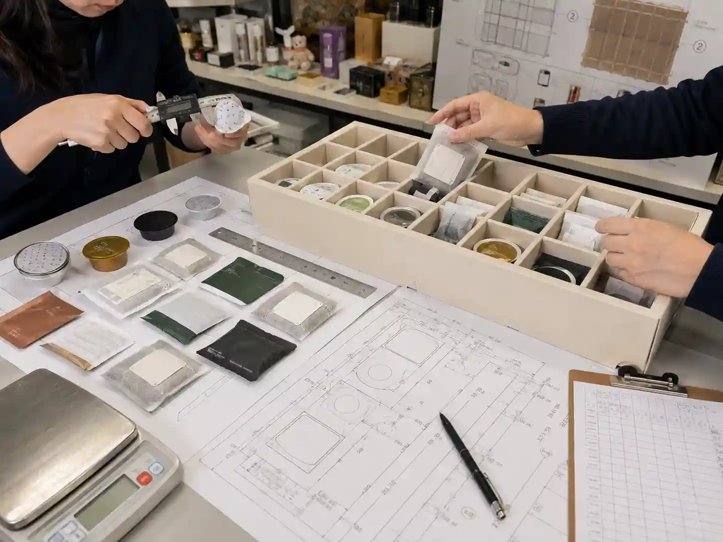 Packaging engineers measure coffee pods and drip bags while testing advent calendar insert cavities.