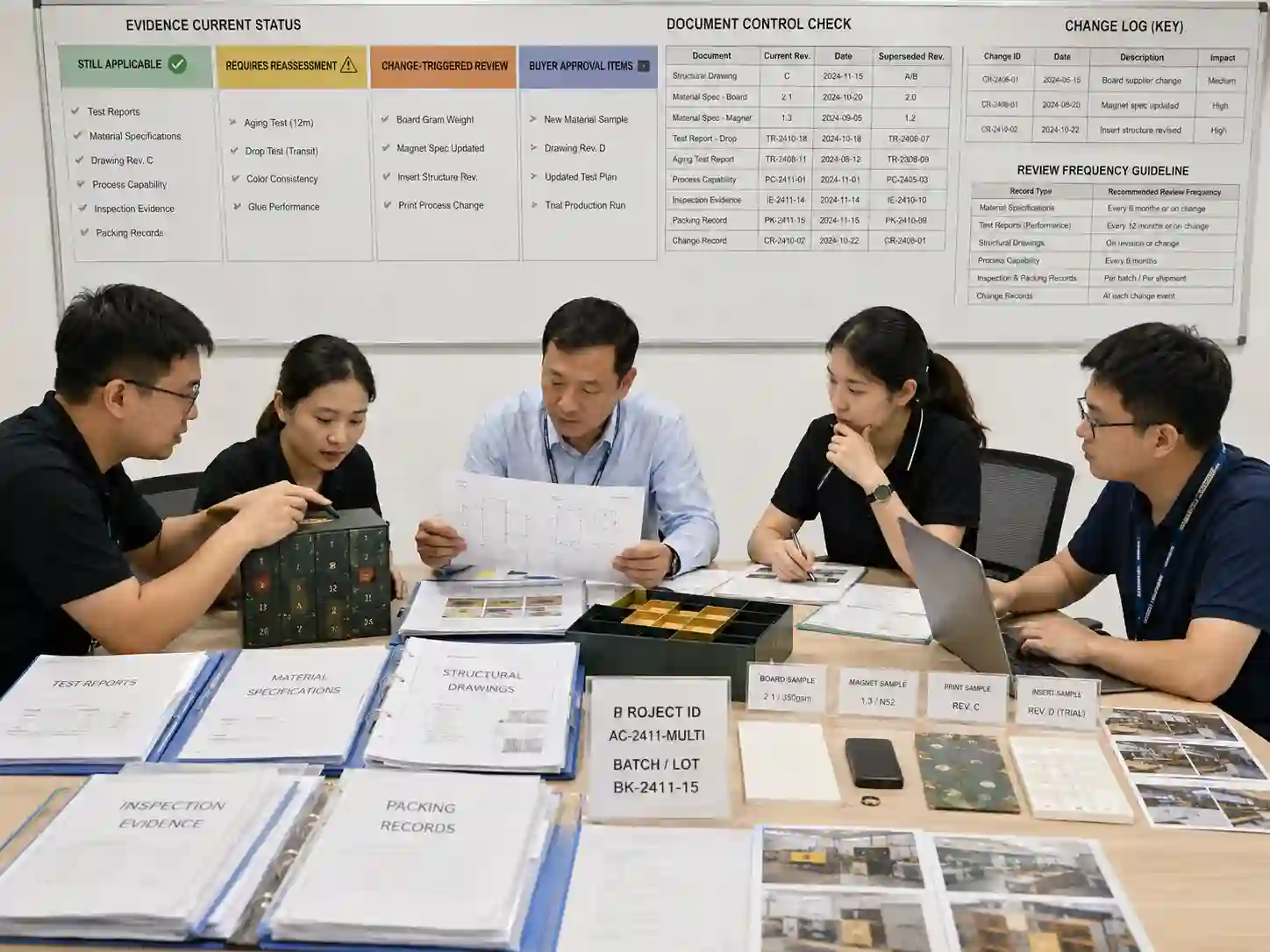 Packaging buyers reviewing capability, test, specification and change records to determine whether supplier evidence remains current and applicable.