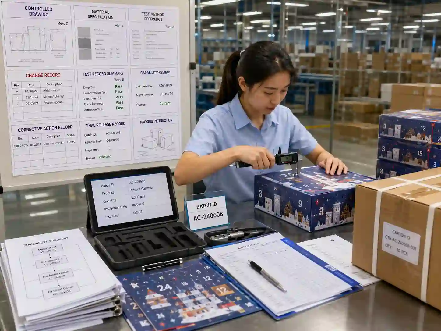 QC staff verifying current packaging specifications, measurements, traceability and release records before approving an identified production batch.