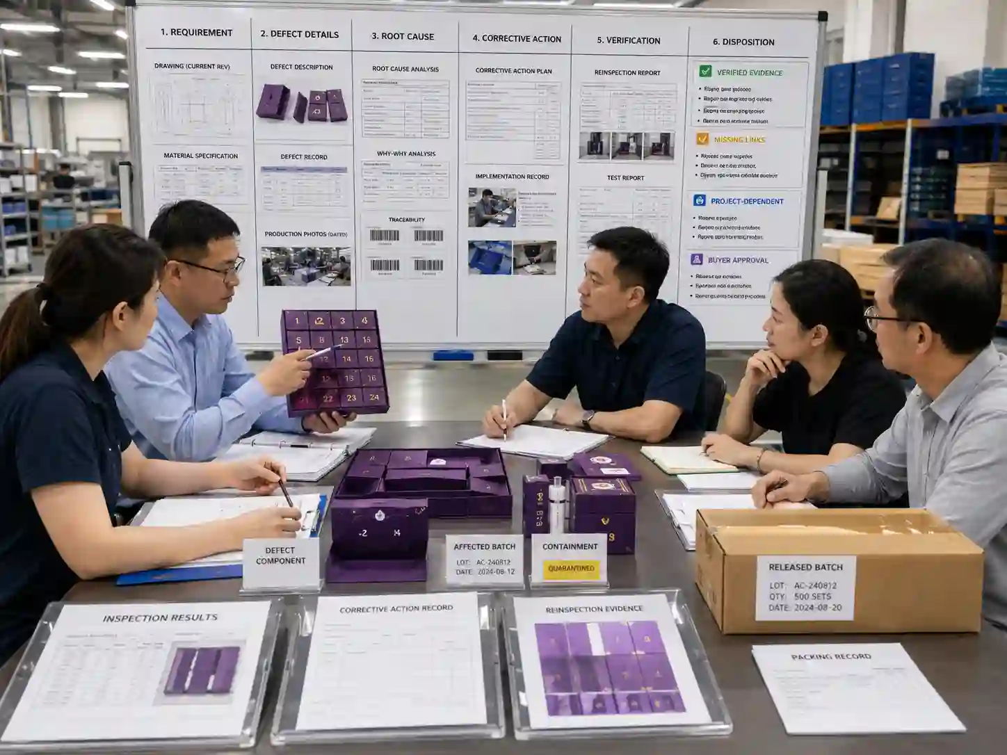 Packaging buyers reviewing defect, traceability, corrective-action and release evidence for a multi-component packaging order.