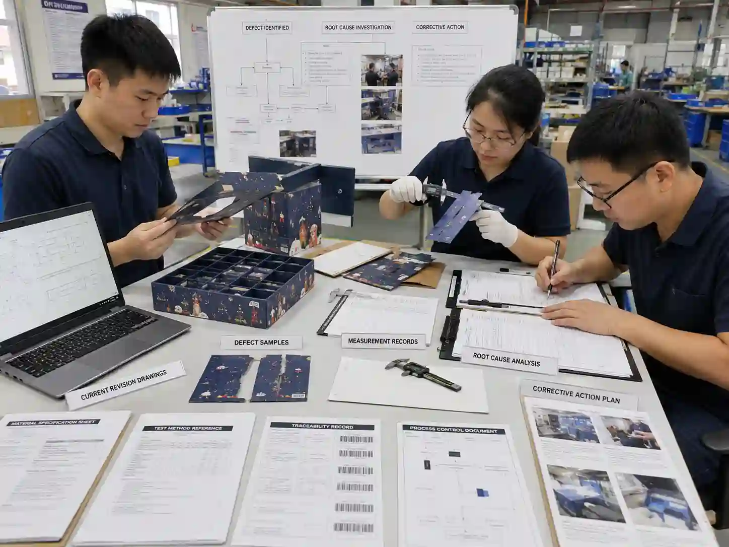 Packaging engineers measuring a defective component and documenting root cause and corrective action against controlled specifications.