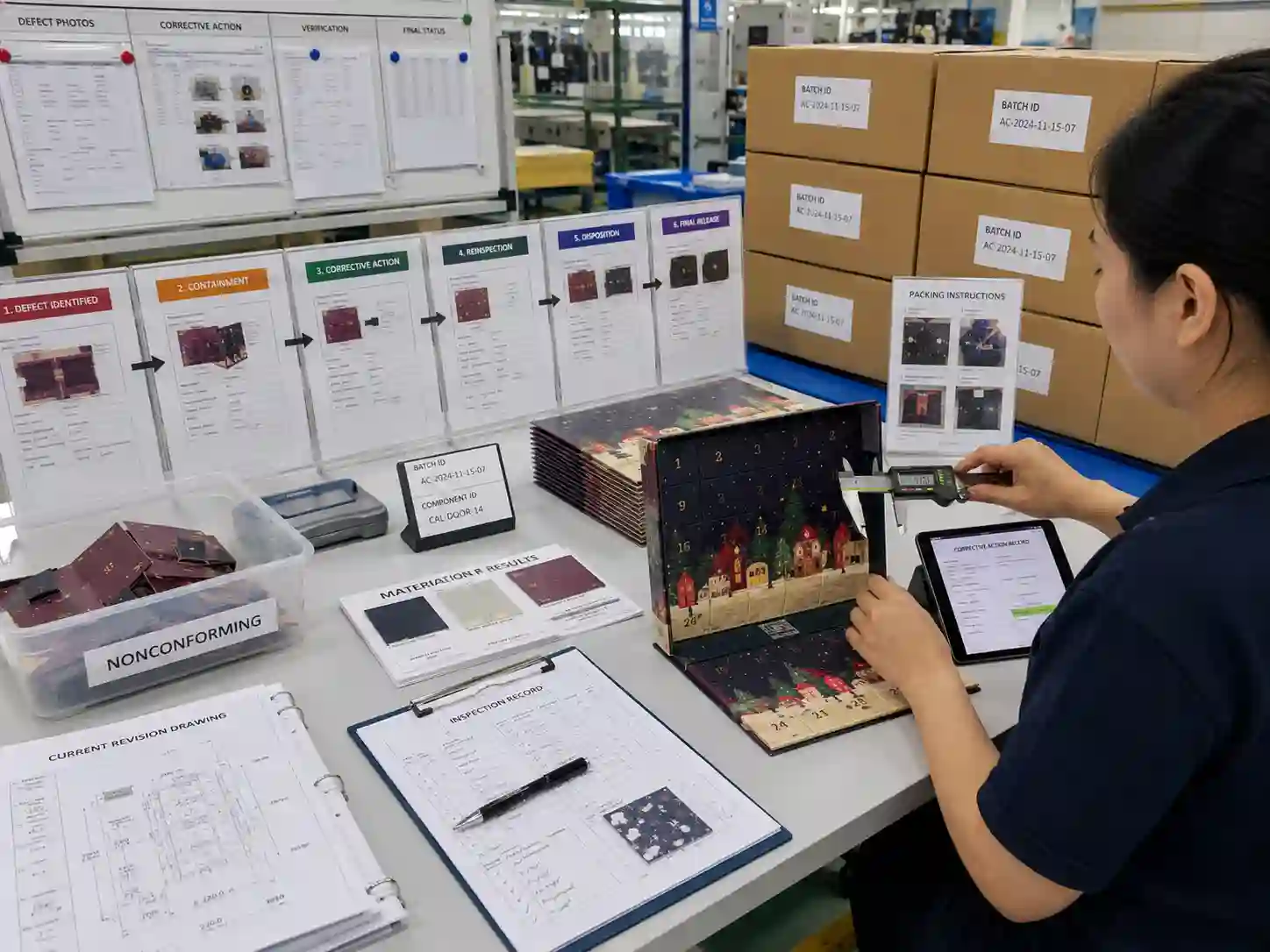 QC staff verifying corrected packaging against specifications and linking reinspection, disposition, release and packing records.
