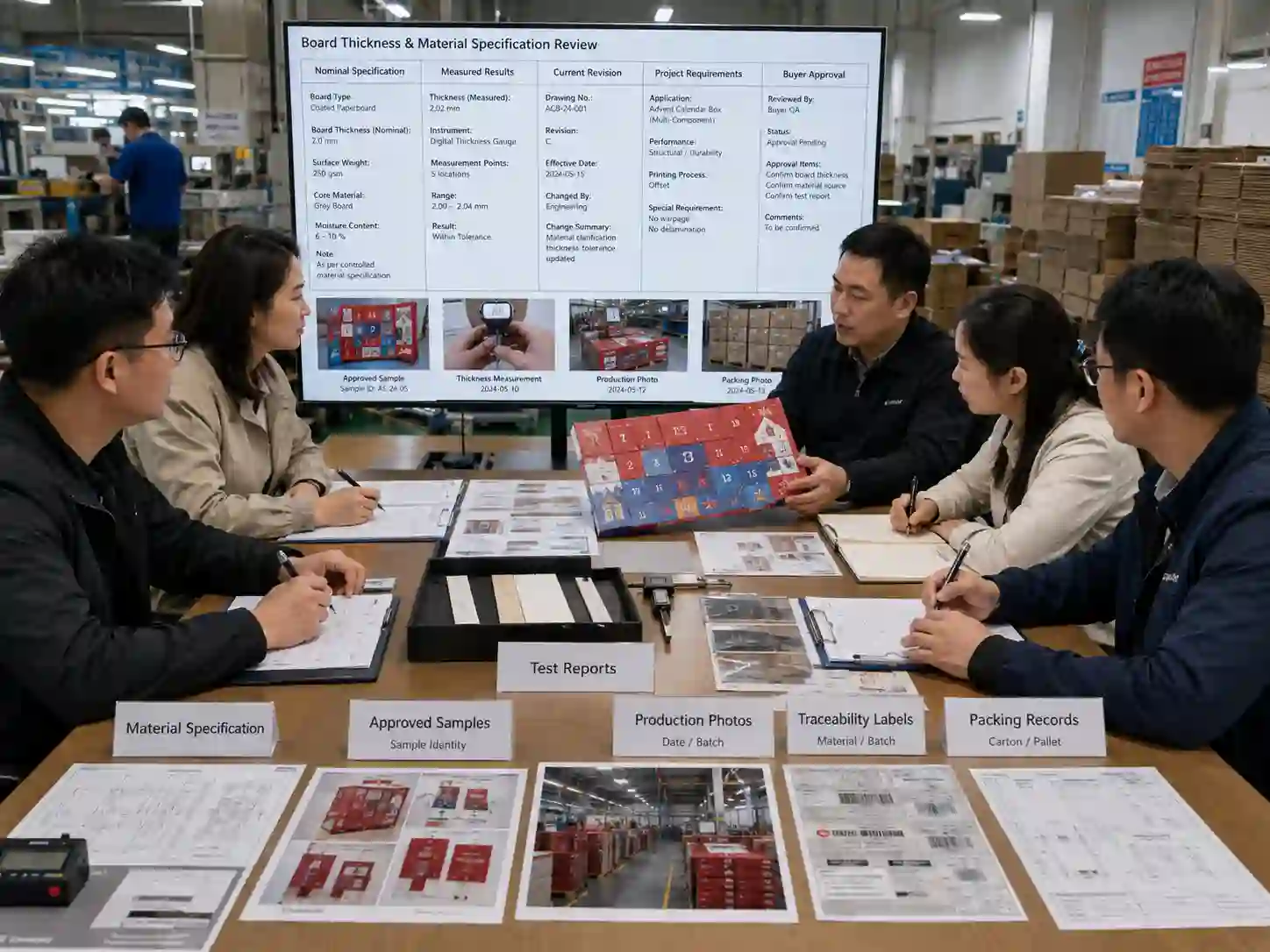 Buyers reviewing board thickness specifications, measurement records, drawings, and material traceability evidence with a packaging supplier.